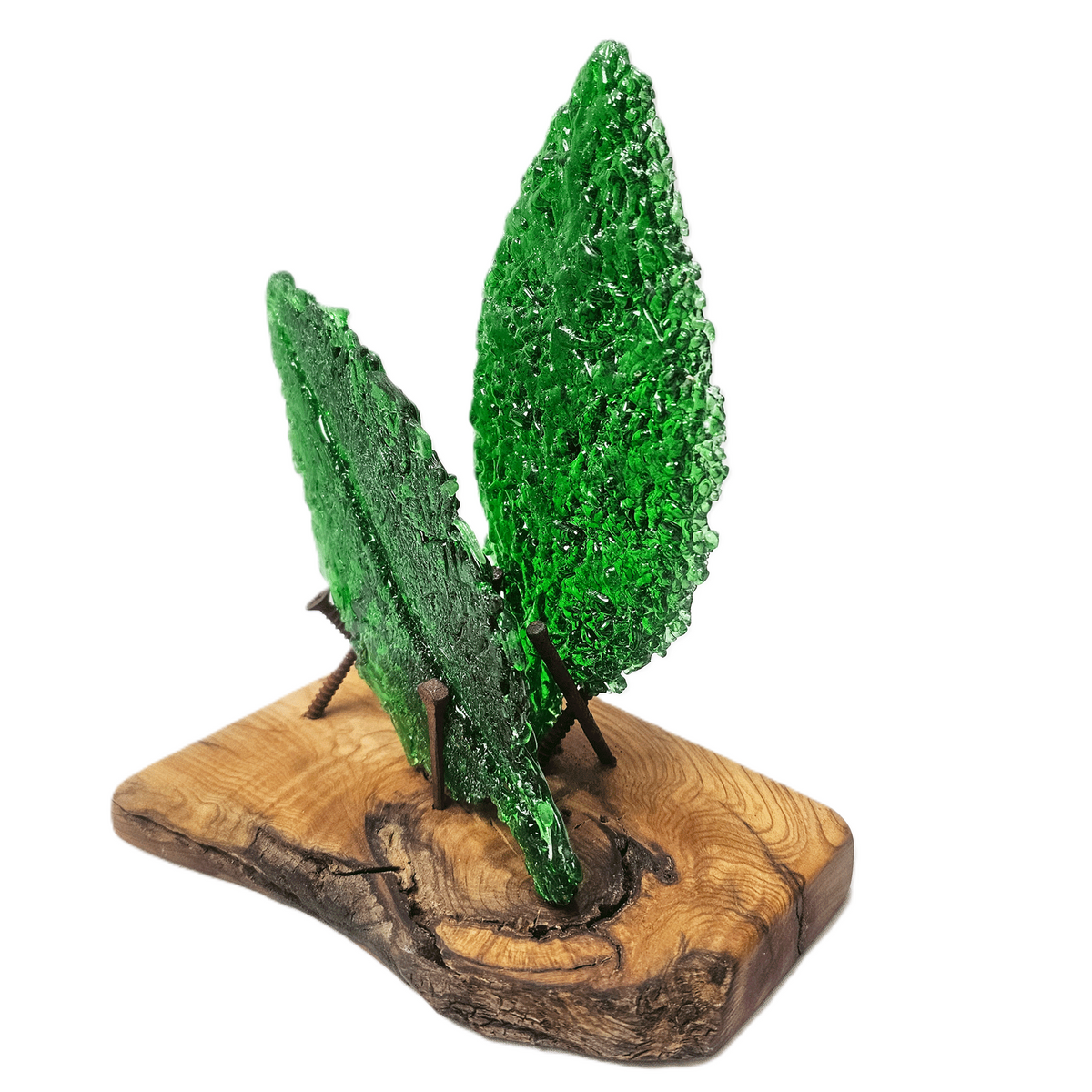 A decorative fused glass sculpture featuring two textured green leaf-like forms mounted on an oiled Australian Bush wooden base with visible bark edges and supported with aged metal nails and screws. Photographed on a clean white background.