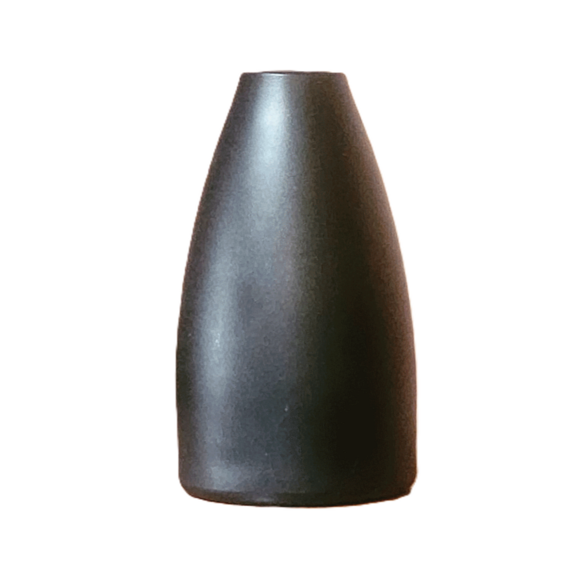 A matte obsidian, glass vase with a tapered, conical silhouette, shown against a plain white background.