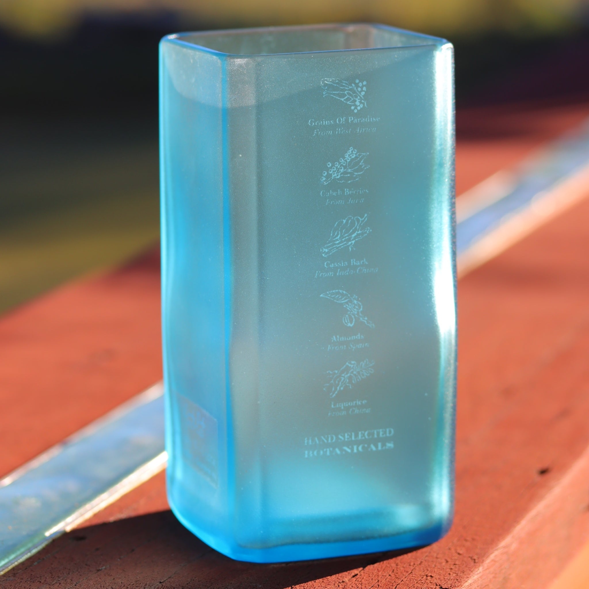 A translucent light blue square glass vase with botanical illustrations and text, standing on a wooden surface outdoors.