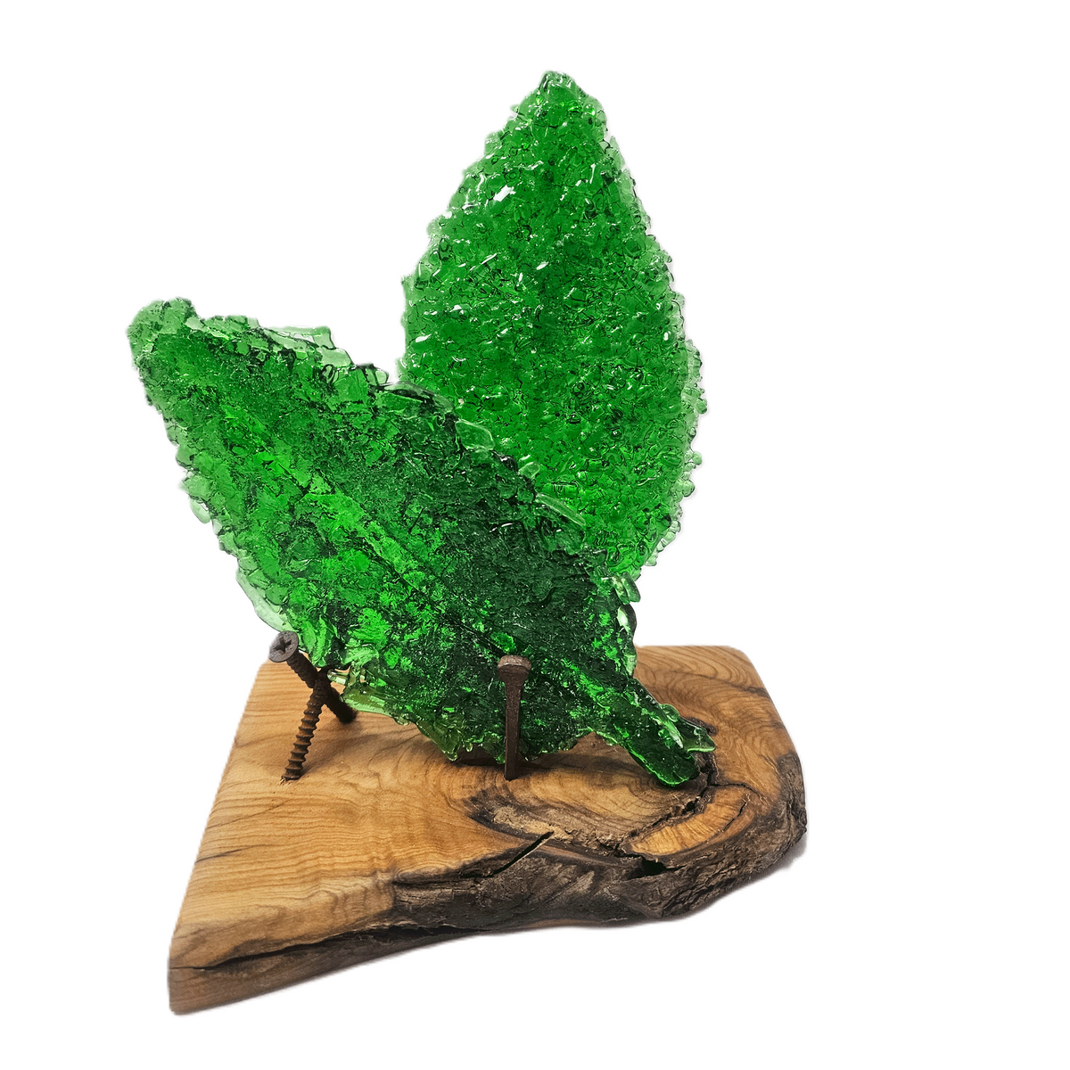 Two green fused glass leaf sculptures, offset and mounted on an oiled Australian Bush wood slice base with aged, dark metal screws and nails, photographed against a plain white background.