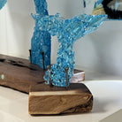  A blue translucent hale tail sculpture, with  blue translucent fused glass fragments mounted on a rustic wooden base with metal nails, displayed indoors on a tabletop.