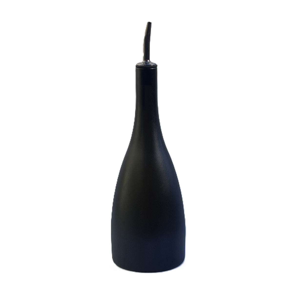 A matte black bottle-shaped oil dispenser with a long spout, shown against a plain white background.