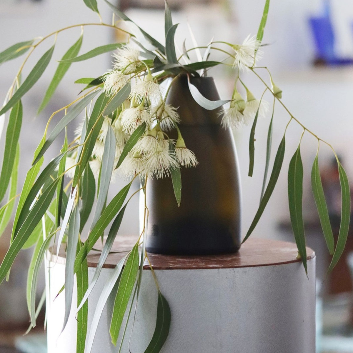 A dark earthy green glass vase with a conical shape and frosted finish, filled with green eucalyptus branches and white wattle blossoms, displayed on a round pedestal.