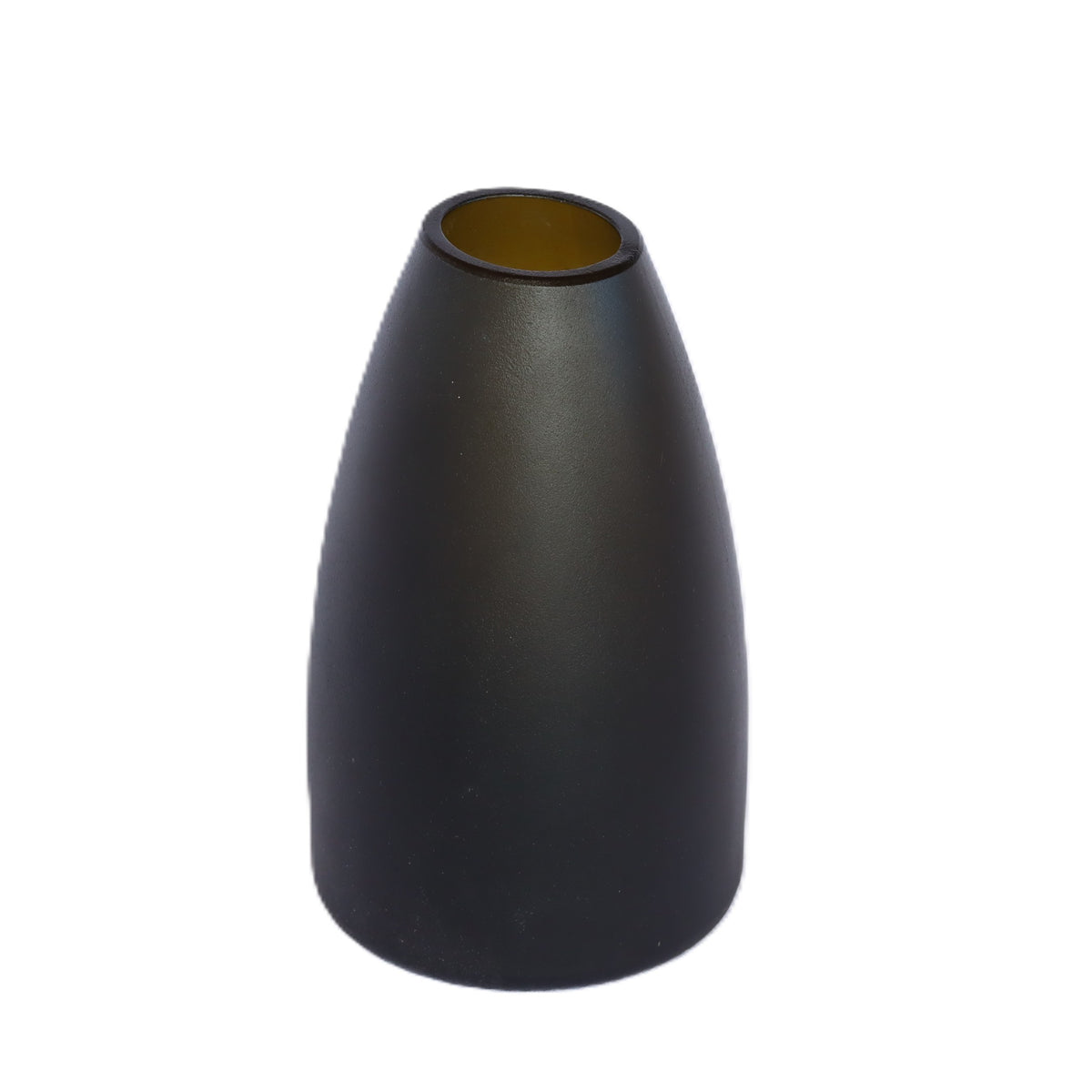 A matte obsidian round conical-shaped glass vase, shown on a plain white background.