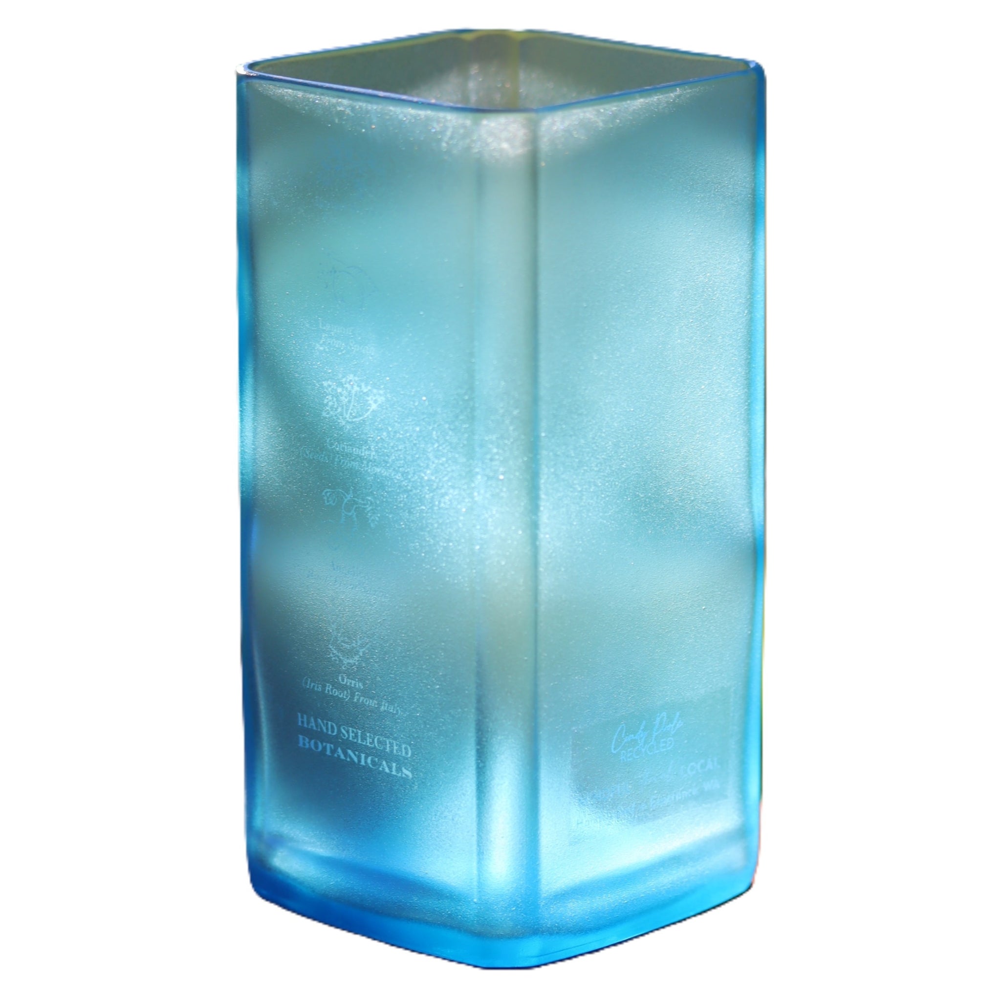 A translucent pale blue square glass vase with frosted texture and botanical illustrations, shown on a plain white background.